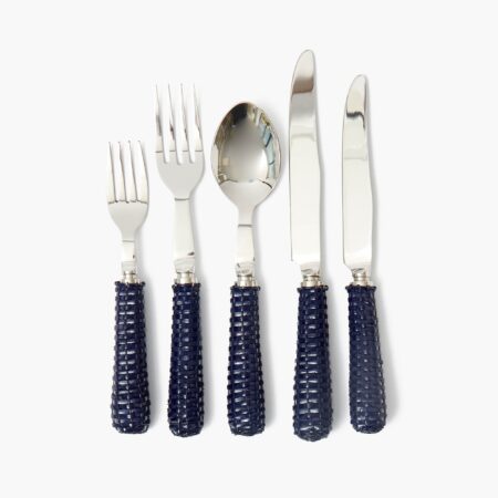 eurean Navy Rattan Cutlery Set – 5-Piece Flatware with Natural Texture