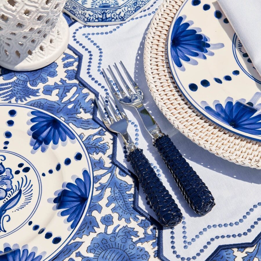 eurean Navy Rattan Cutlery Set – 5-Piece Flatware with Natural Texture - Image 2