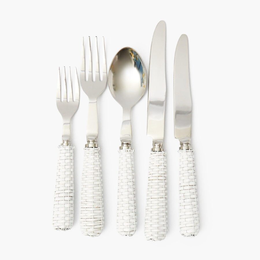 eurean White Rattan Cutlery Set – 5-Piece Stylish Flatware Collection